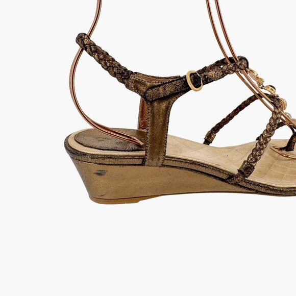 Chanel CC Gem Chain T-Strap Gold Quilted Leather Wedge Sandals Size 40 US 9-9.5 - Picture 8 of 14